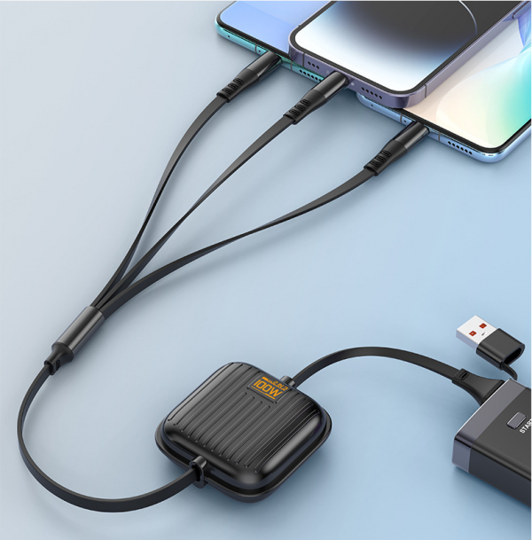 100W Super Fast Charging Cable 2 in 3 Retractable Suitcase USB+Type-C to Lightning, Micro USB-C Cable - Image 3