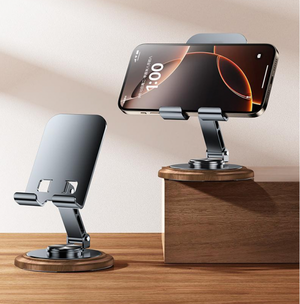 Metal Solid Wood Base Cell Phone Stand Folding Rotation Lazy Desktop Holder for iPhone iPad Tablets - Image 5