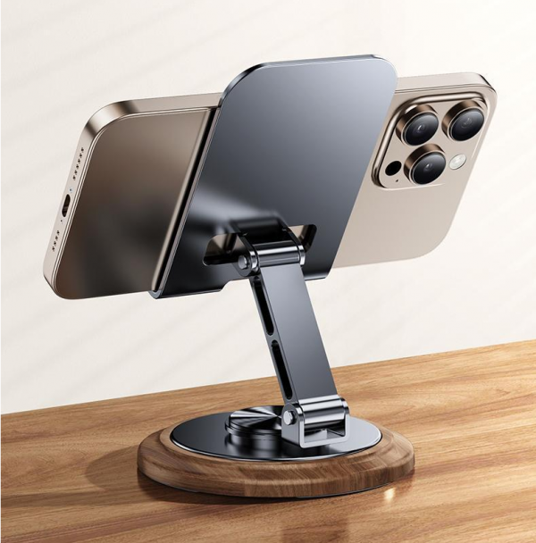 Metal Solid Wood Base Cell Phone Stand Folding Rotation Lazy Desktop Holder for iPhone iPad Tablets - Image 3