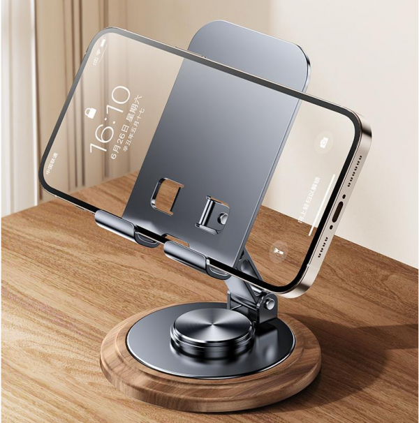 Metal Solid Wood Base Cell Phone Stand Folding Rotation Lazy Desktop Holder for iPhone iPad Tablets - Image 2