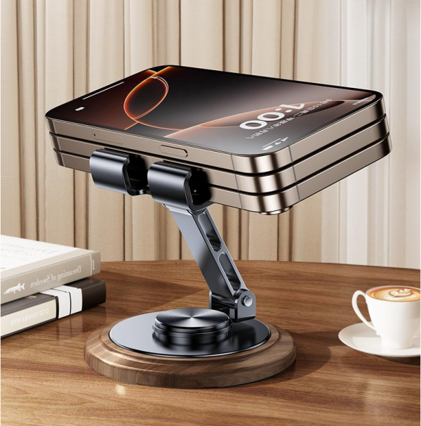 Metal Solid Wood Base Cell Phone Stand Folding Rotation Lazy Desktop Holder for iPhone iPad Tablets - Image 4