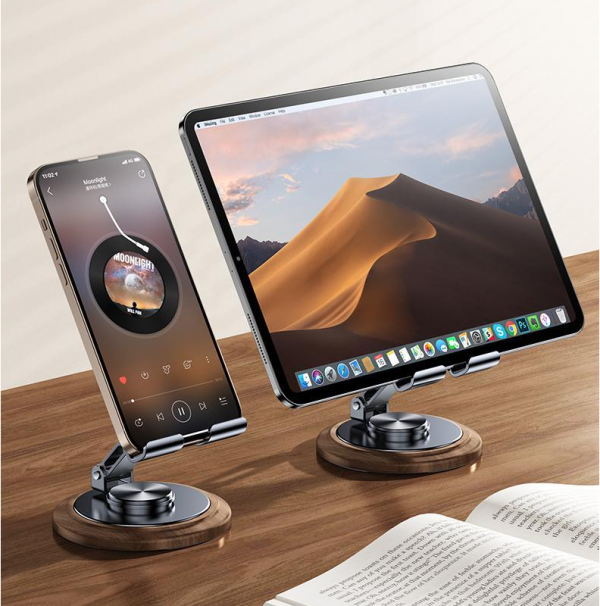 Metal Solid Wood Base Cell Phone Stand Folding Rotation Lazy Desktop Holder for iPhone iPad Tablets - Image 6
