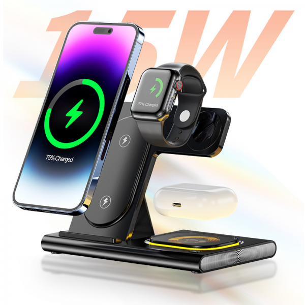 Night Light 3 in 1 MagSafe 15W Fast Chargr Wireless Charger for iPhone 15 16 iWatch AirPods Folding Charger - Image 2