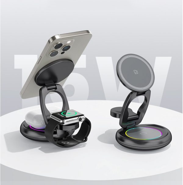 Dynamic LED Color Light 3 in 1 Magnetic Foldable 360° Rotation Wireless Charger Pad Stand for Mobile Phone iWatch AirPods - Image 3