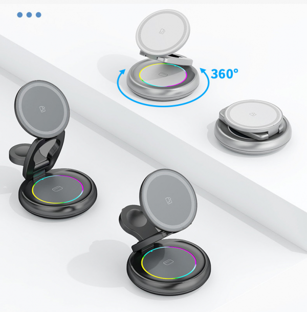 Dynamic LED Color Light 3 in 1 Magnetic Foldable 360° Rotation Wireless Charger Pad Stand for Mobile Phone iWatch AirPods - Image 4