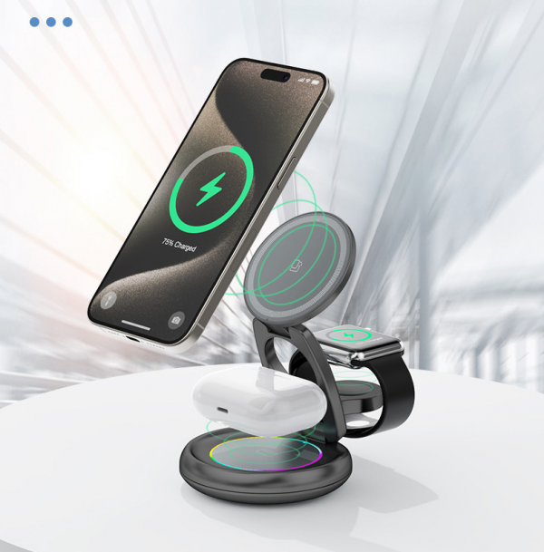 Dynamic LED Color Light 3 in 1 Magnetic Foldable 360° Rotation Wireless Charger Pad Stand for Mobile Phone iWatch AirPods - Image 2