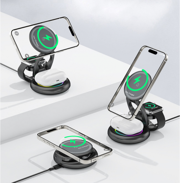 Dynamic LED Color Light 3 in 1 Magnetic Foldable 360° Rotation Wireless Charger Pad Stand for Mobile Phone iWatch AirPods - Image 6