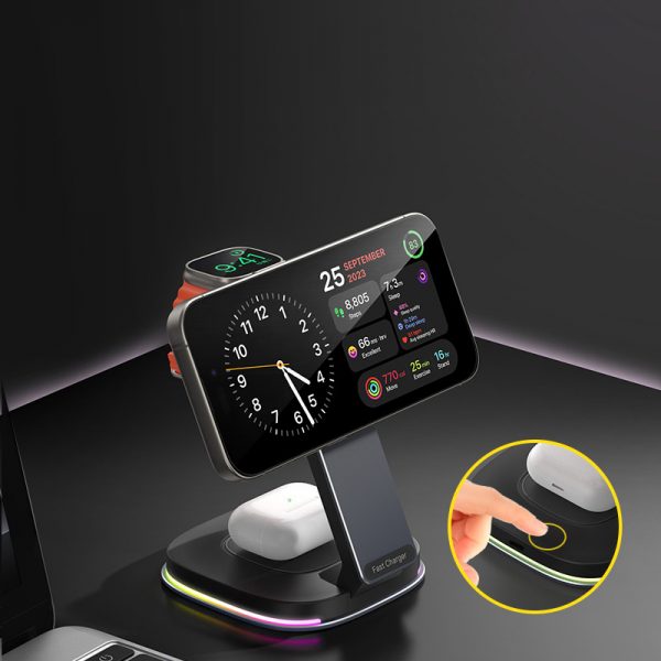 15W MagSafe Folding Fast Charging 3 in 1 Wireless Charger Stand with LED Light for iPhone iWatch AirPods - Image 3