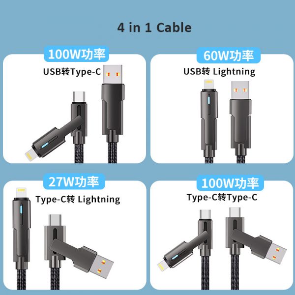 100W Ziny Alloy Nylon Braided 4 in 1 Type-C Lightning USB Fast Charging Cable for iPhone 15 16 Huawei Samsung Phone100W Ziny Alloy Nylon Braided 4 in 1 Type-C Lightning USB Fast Charging Cable for iPhone 15 16 Huawei Samsung Phone - Image 4