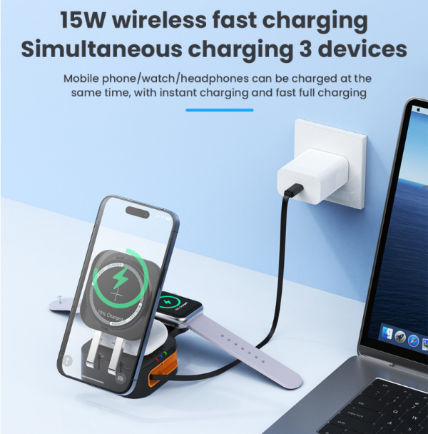 Built-in Cable 3-in-1 Folding MagSafe Wireless Charger with LED Indicator for iPhone iWatch AirPods - Image 5