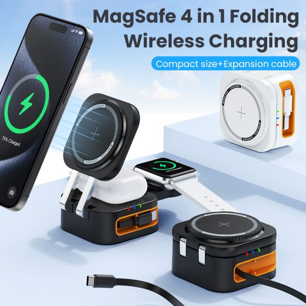 Built-in Cable 3-in-1 Folding MagSafe Wireless Charger with LED Indicator for iPhone iWatch AirPods - Image 4