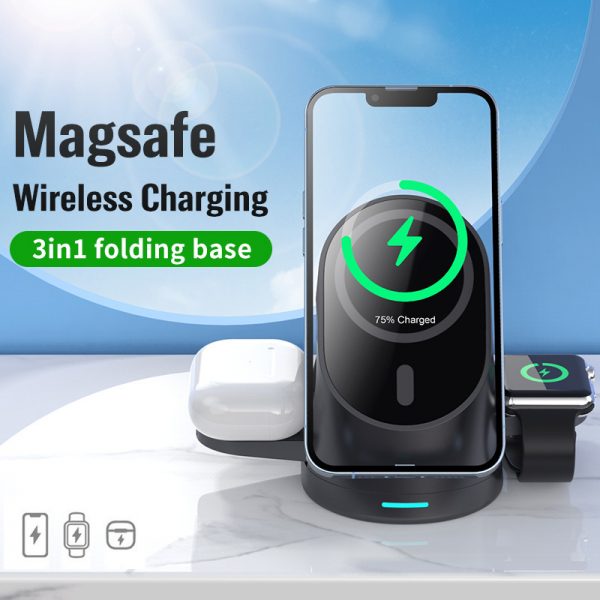 for iPhone Watch AirPods 3 in 1 Wireless Fast Charging MagSafe Automatic Adsorption Folding Wireless Charger Stand - Image 3