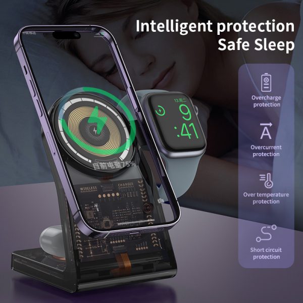 Transparent 3 in 1 MagSafe Wireless Charger for iPhone 15 16 iWatch AirPods Multi-function Mobile Phone Stand - Image 4