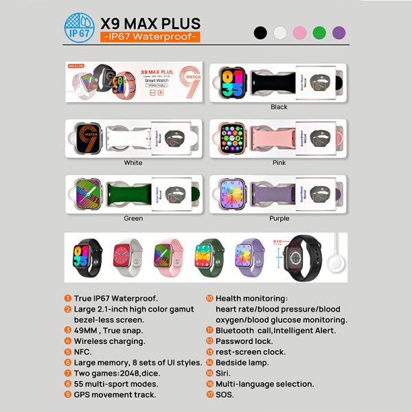 X9 MAX PLUS True IP67 Waterproof NFC 4.9MM True Snap 2.1-inch HD Screen Wireless Charging Smart Watch Large Memory Two Games 8 UI Sets - Image 8