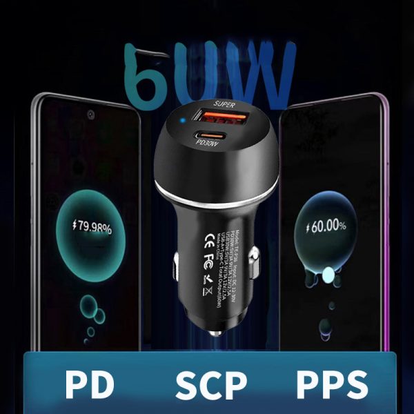 60W QC3.0 USB Car Charger and Type-C 2 in 1 Super Quick Charge for Huawei iPhone Samsung Charger - Image 5