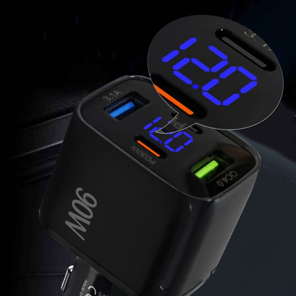 90W Digital Display 4-in-1 Multiple Ports 90W Dual USB Type-C Fast Charging Car Charger - Image 4