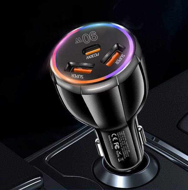 90W Super Quick Charge 3 in 1 USB Type-C Fast Charging Car Charger with LED Light for iPhone Samsung Phone - Image 6
