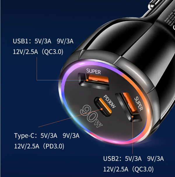 90W Super Quick Charge 3 in 1 USB Type-C Fast Charging Car Charger with LED Light for iPhone Samsung Phone - Image 5