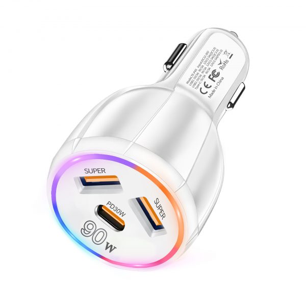90W Super Quick Charge 3 in 1 USB Type-C Fast Charging Car Charger with LED Light for iPhone Samsung Phone - Image 4