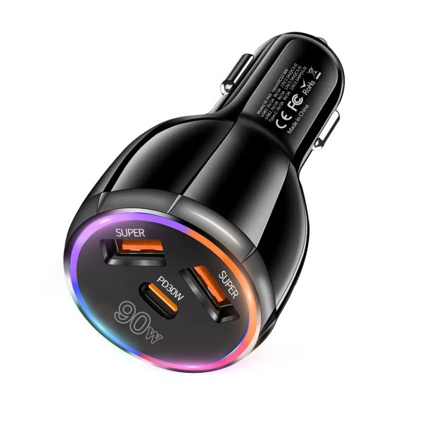 90W Super Quick Charge 3 in 1 USB Type-C Fast Charging Car Charger with LED Light for iPhone Samsung Phone - Image 3