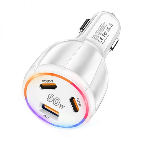 90W Super Quick Charge 3 in 1 USB Type-C Fast Charging Car Charger with LED Light for iPhone Samsung Phone - Image 2