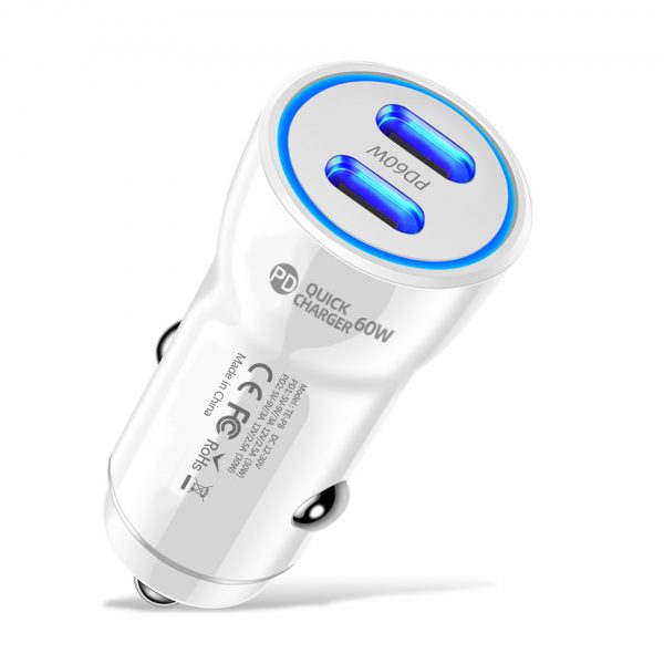 for iPhone Dual USB C Car Charger 60W PD 2 in 1 Fast Car Charger Type-C for Samsung with LED Indicator - Image 2