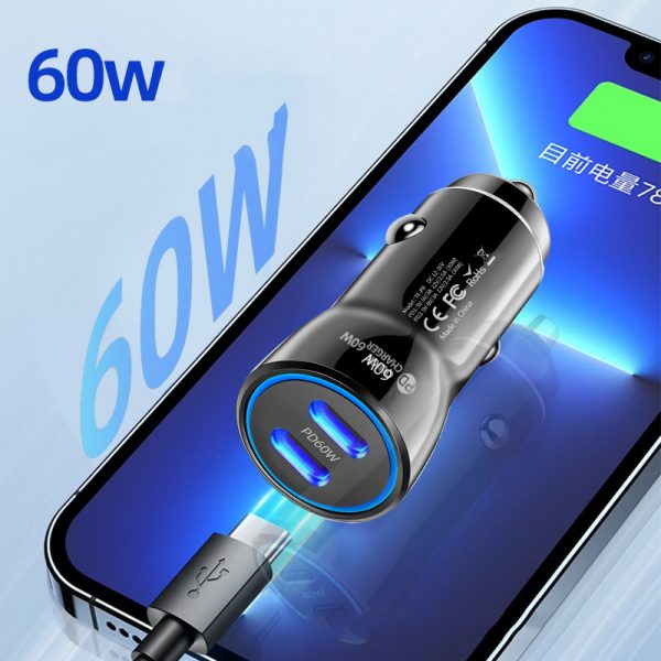 for iPhone Dual USB C Car Charger 60W PD 2 in 1 Fast Car Charger Type-C for Samsung with LED Indicator - Image 4