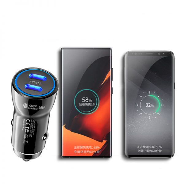 for iPhone Dual USB C Car Charger 60W PD 2 in 1 Fast Car Charger Type-C for Samsung with LED Indicator - Image 5